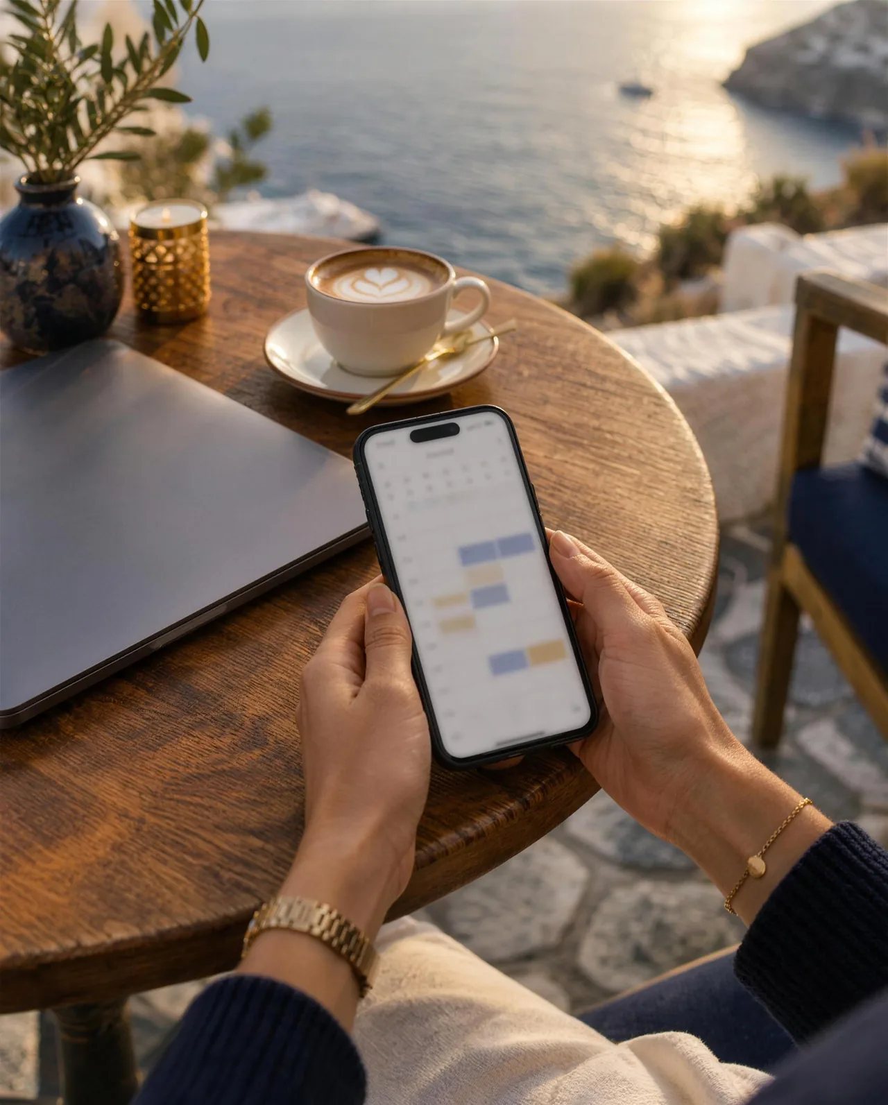Hands holding a phone with a weekly calendar at a seaside cafe table, a closed laptop and coffee beside it